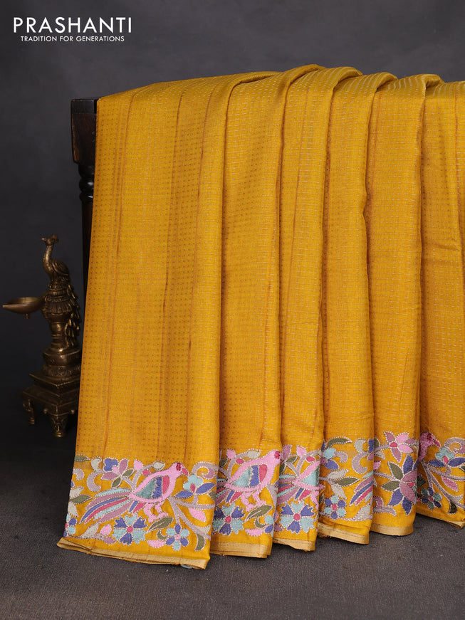 Semi tussar saree mustard yellow with zari weaves and embroidery border