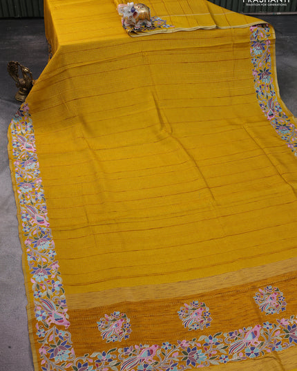 Semi tussar saree mustard yellow with zari weaves and embroidery border