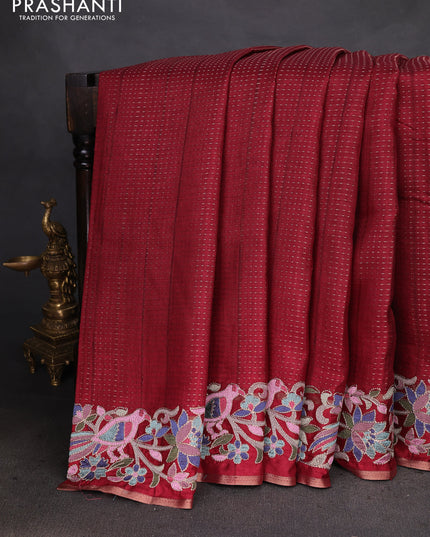 Semi tussar saree maroon with zari weaves and embroidery border