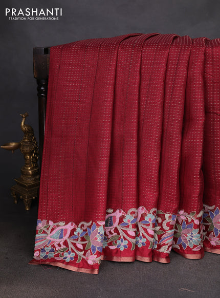 Semi tussar saree maroon with zari weaves and embroidery border
