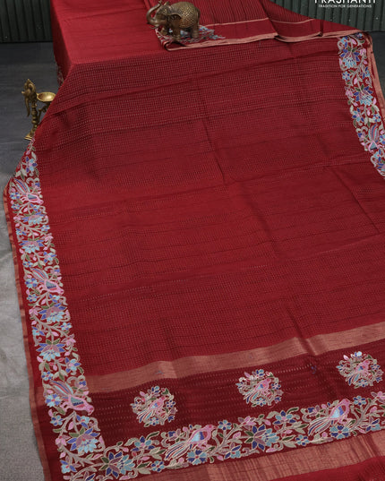 Semi tussar saree maroon with zari weaves and embroidery border