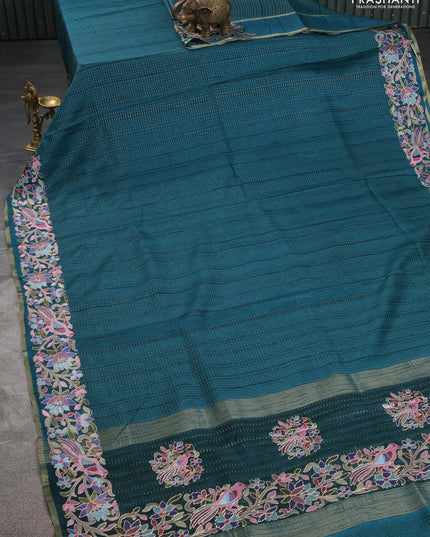 Semi tussar saree green with zari weaves and embroidery border