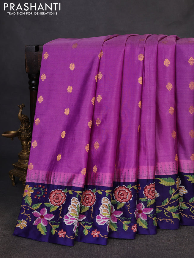Pure gadwal silk saree mauve pink and blue with zari woven buttas and temple design convent embroidery border