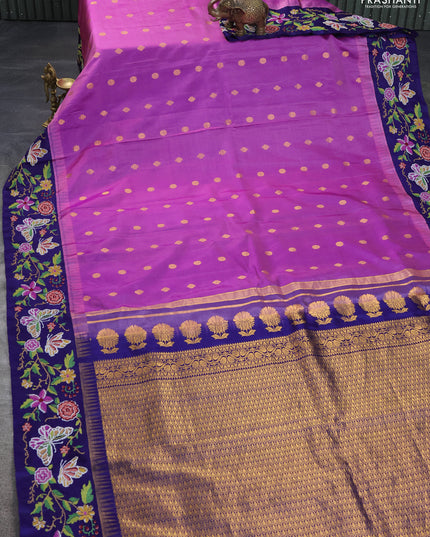 Pure gadwal silk saree mauve pink and blue with zari woven buttas and temple design convent embroidery border