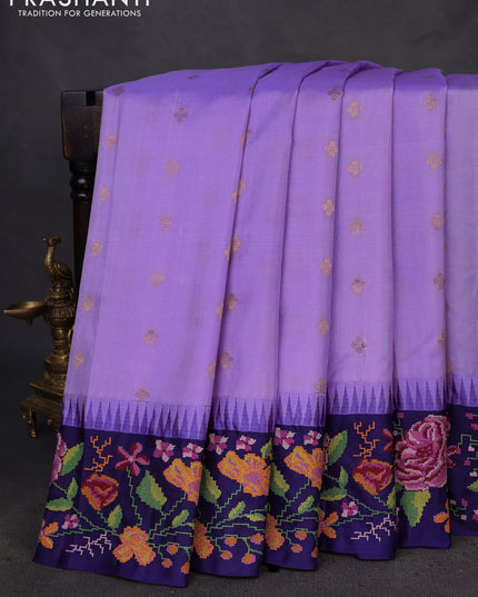 Pure gadwal silk saree lavender and navy blue with zari woven buttas and temple design convent embroidery border
