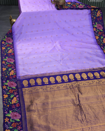 Pure gadwal silk saree lavender and navy blue with zari woven buttas and temple design convent embroidery border