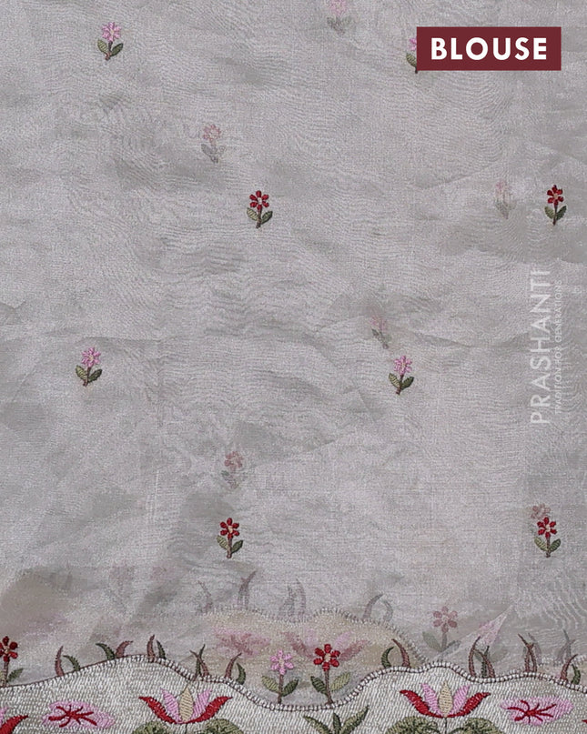 Pure tissue silk saree pastel grey with allover silver zari strip pattern & beaded work and embroidery border