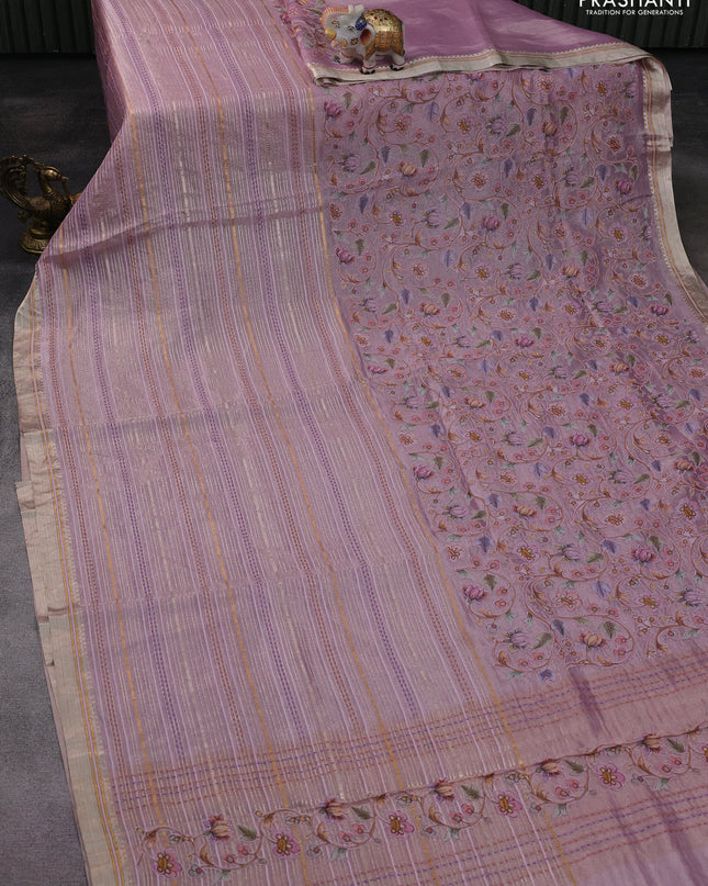Pure tissue silk saree pastel pink with half & half style kalamkari applique