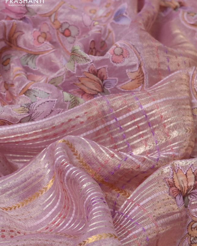 Pure tissue silk saree pastel pink with half & half style kalamkari applique