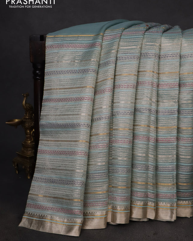 Pure tissue silk saree pastel blue with half & half style kalamkari applique