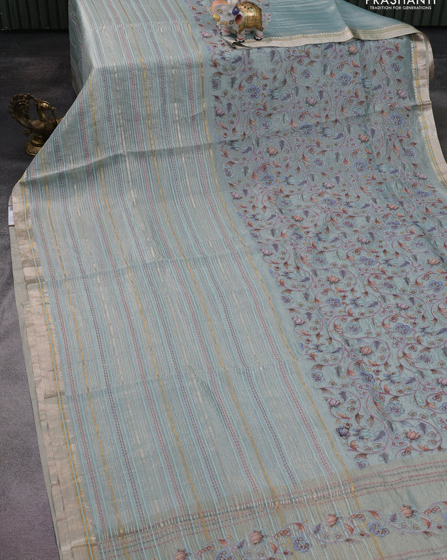 Pure tissue silk saree pastel blue with half & half style kalamkari applique