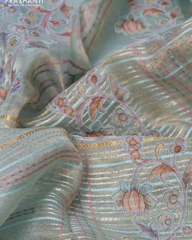 Pure tissue silk saree pastel blue with half & half style kalamkari applique