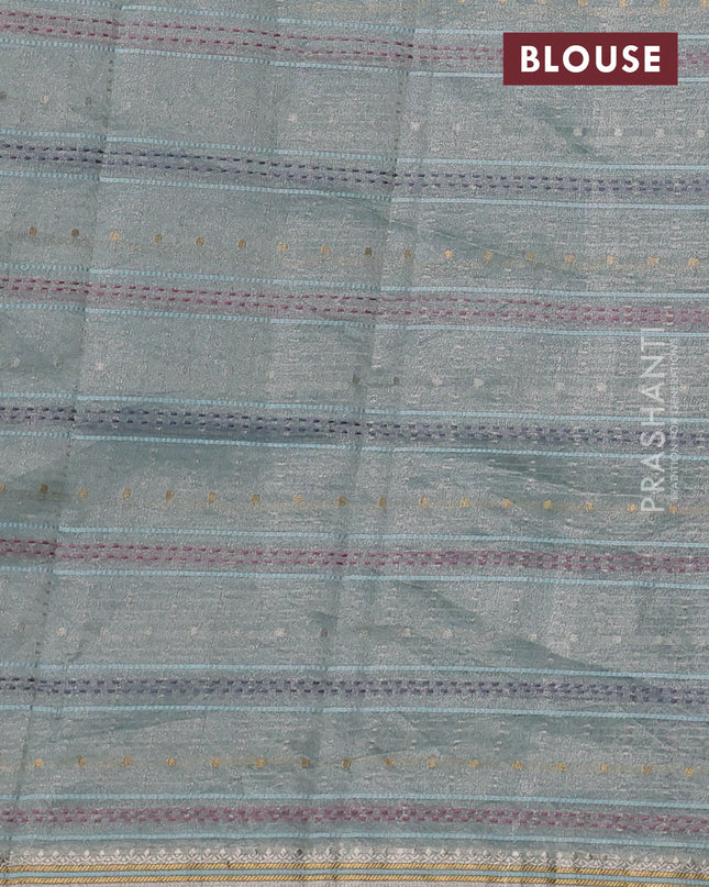 Pure tissue silk saree pastel blue with half & half style kalamkari applique