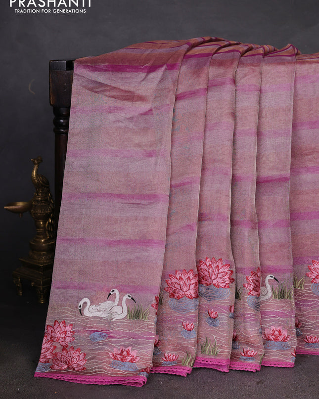 Pure tissue silk saree pink with allover stripe pattern and embroidery border