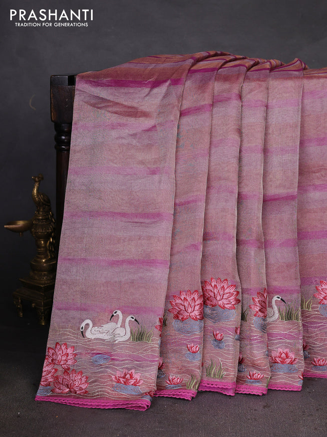 Pure tissue silk saree pink with allover stripe pattern and embroidery border