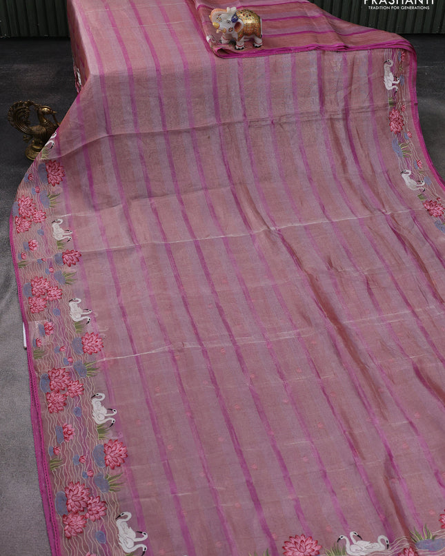 Pure tissue silk saree pink with allover stripe pattern and embroidery border