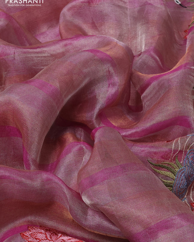 Pure tissue silk saree pink with allover stripe pattern and embroidery border