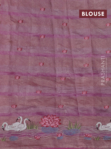 Pure tissue silk saree pink with allover stripe pattern and embroidery border