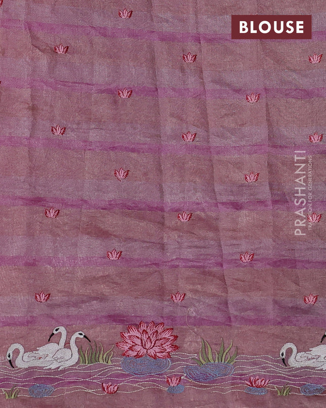 Pure tissue silk saree pink with allover stripe pattern and embroidery border