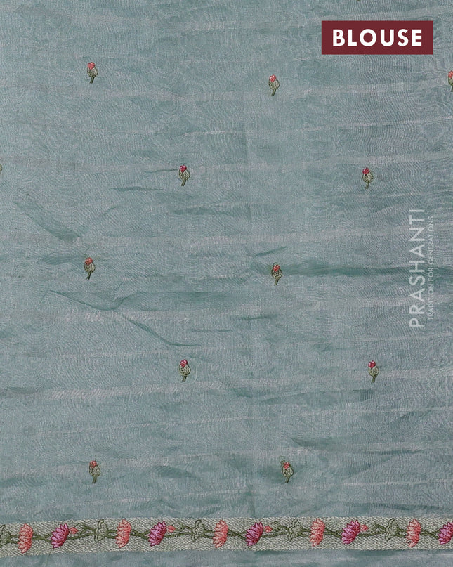 Pure tissue silk saree teal blue with allover silver zari strip pattern & beaded work and pichwai embroidery border