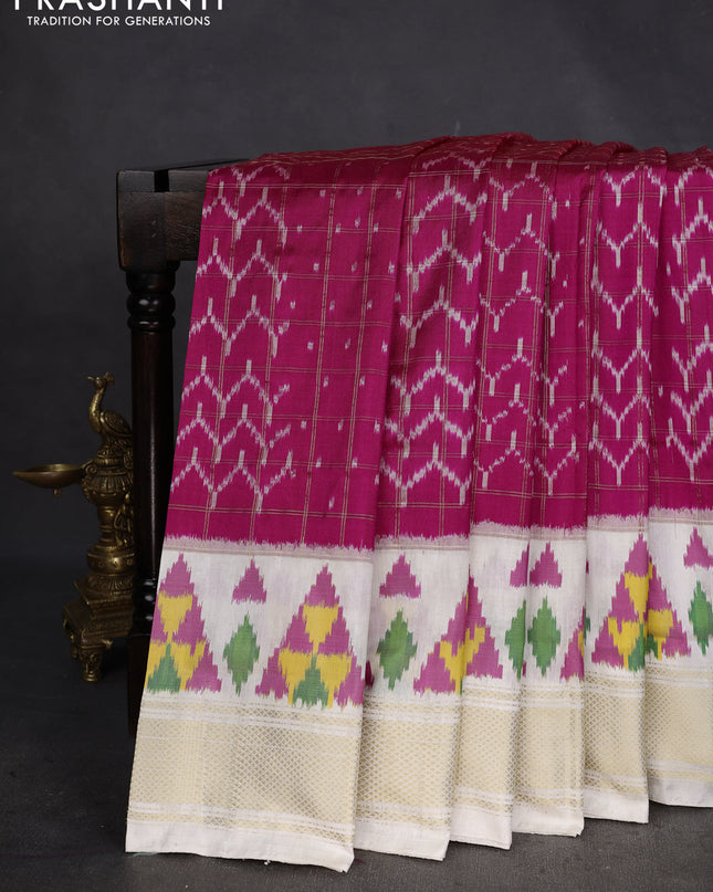 Pochampally silk saree pink and cream with allover zari checks & ikat weaves and ikat woven zari border