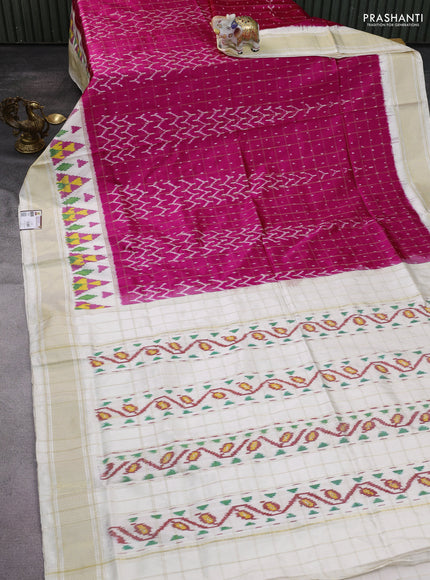 Pochampally silk saree pink and cream with allover zari checks & ikat weaves and ikat woven zari border