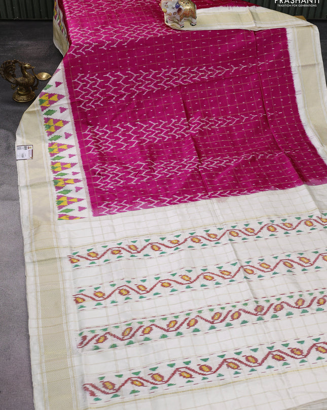 Pochampally silk saree pink and cream with allover zari checks & ikat weaves and ikat woven zari border