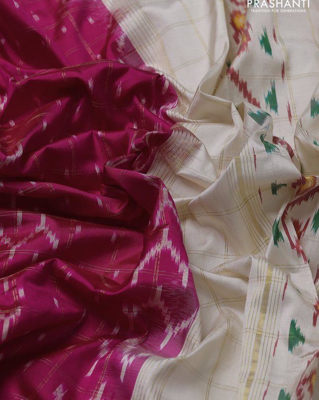 Pochampally silk saree pink and cream with allover zari checks & ikat weaves and ikat woven zari border
