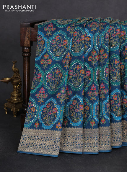 Crepe silk saree peacock blue with allover mina weaves & sequin work and zari woven border