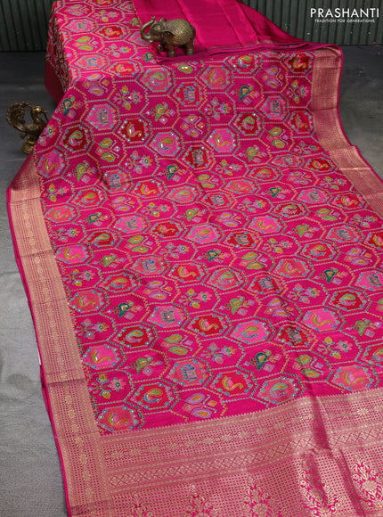 Crepe silk saree pink with allover mina weaves & sequin work and zari woven border