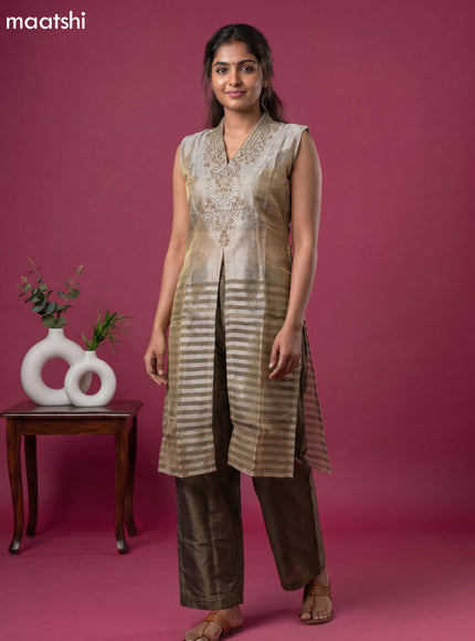 Beige and Sap Green Tissue Embroidery Work Indo Western Style