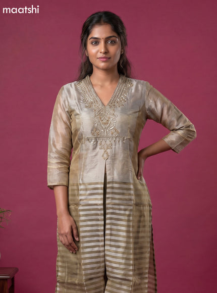 Beige and Sap Green Tissue Embroidery Work Indo Western Style