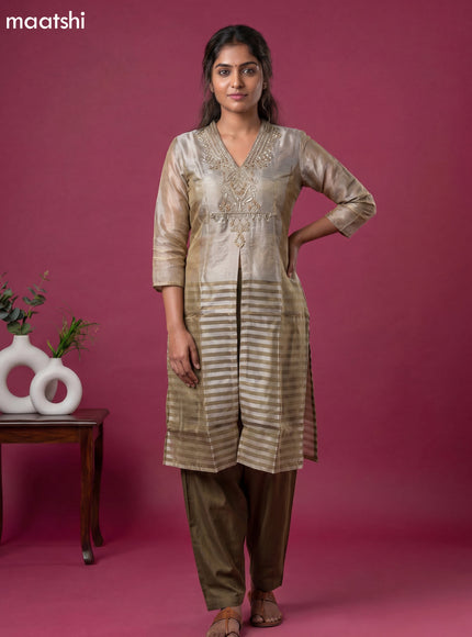 Beige and Sap Green Tissue Embroidery Work Indo Western Style