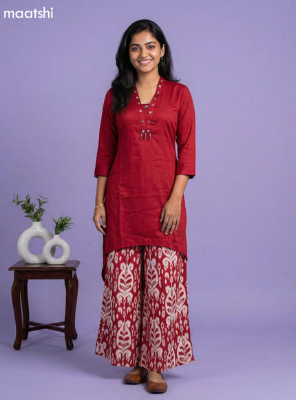 Maroon and Off White Art Silk Simple Embroidery Work Short Kurti Set