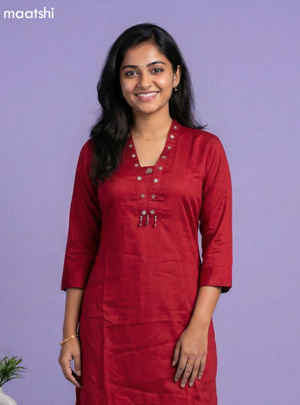 Maroon and Off White Art Silk Simple Embroidery Work Short Kurti Set