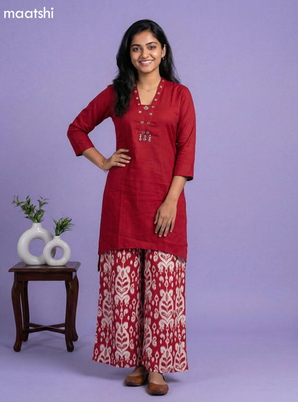 Maroon and Off White Art Silk Simple Embroidery Work Short Kurti Set