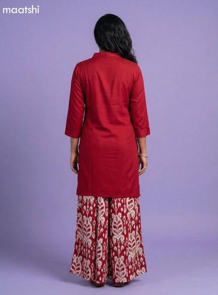 Maroon and Off White Art Silk Simple Embroidery Work Short Kurti Set