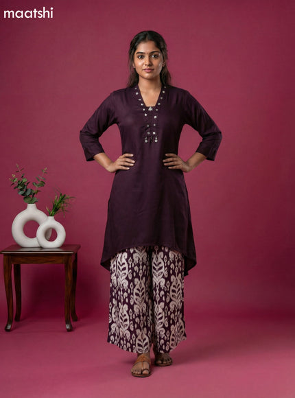 Deep Wine and Off White Art Silk Simple Embroidery Work Short Kurti Set