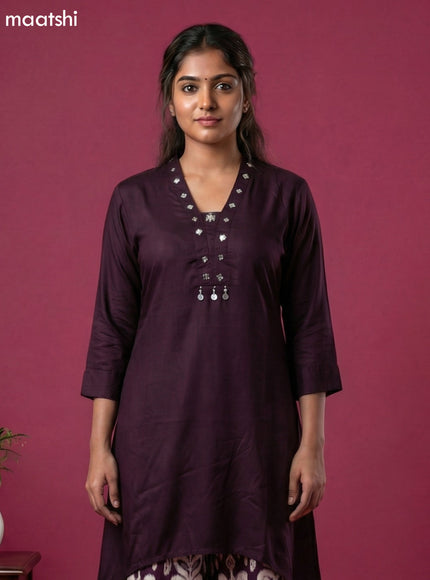 Deep Wine and Off White Art Silk Simple Embroidery Work Short Kurti Set