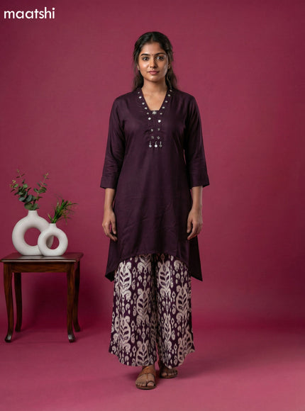Deep Wine and Off White Art Silk Simple Embroidery Work Short Kurti Set