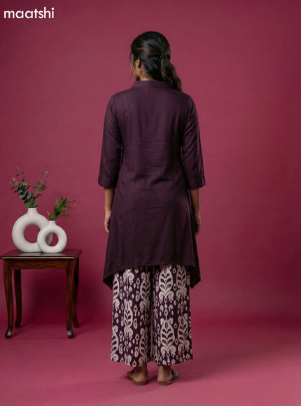 Deep Wine and Off White Art Silk Simple Embroidery Work Short Kurti Set
