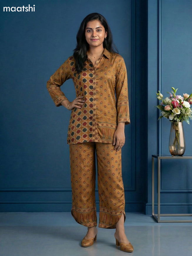 Mustard Yellow Muslin Printed Short Co-Ord Set