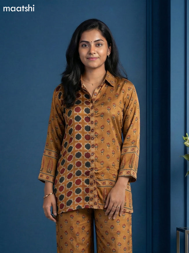 Mustard Yellow Muslin Printed Short Co-Ord Set