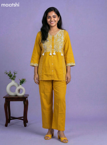 Mustard Yellow Cotton Embroidery Work Short Co-Ord Set