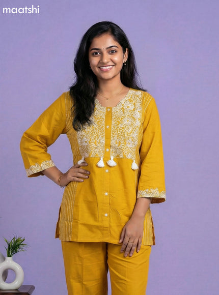 Mustard Yellow Cotton Embroidery Work Short Co-Ord Set