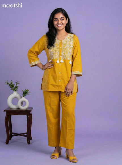 Mustard Yellow Cotton Embroidery Work Short Co-Ord Set