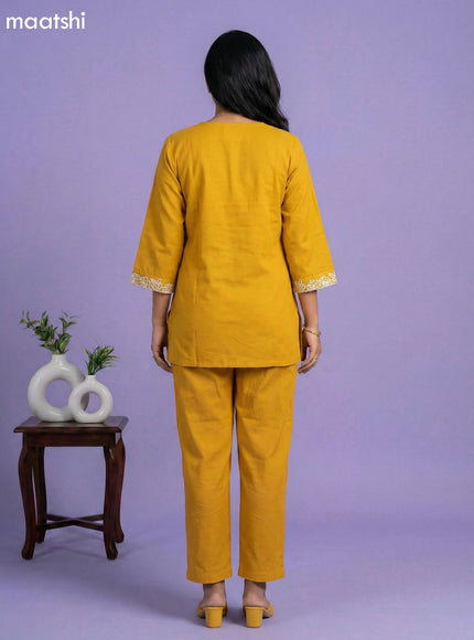 Mustard Yellow Cotton Embroidery Work Short Co-Ord Set