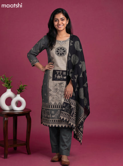 Beige and Black Dola Silk Kalamkari Printed & Mirror Work Straight Suit