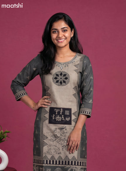 Beige and Black Dola Silk Kalamkari Printed & Mirror Work Straight Suit