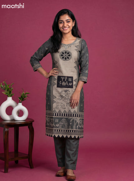 Beige and Black Dola Silk Kalamkari Printed & Mirror Work Straight Suit